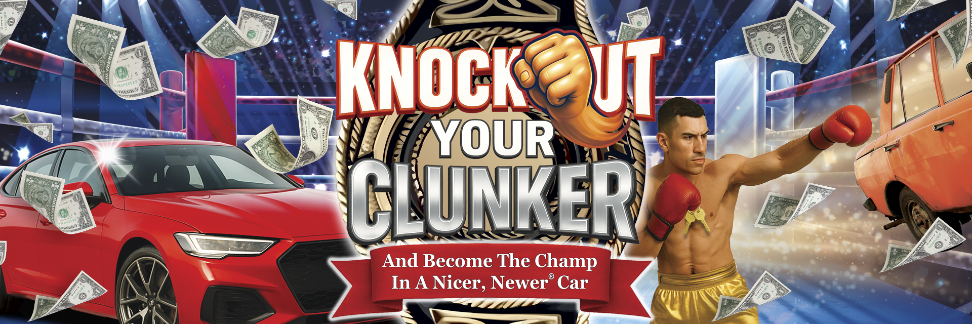 Red sports car and boxer in a ring, surrounded by floating dollar bills, promoting "Knock Out Your Clunker" campaign for affordable car options at Raceway Motors.