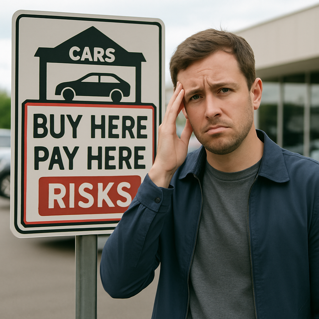 Man expressing concern in front of a sign reading "Buy Here Pay Here" with the word "RISKS," highlighting the potential drawbacks of BHPH financing in the context of used car purchases.