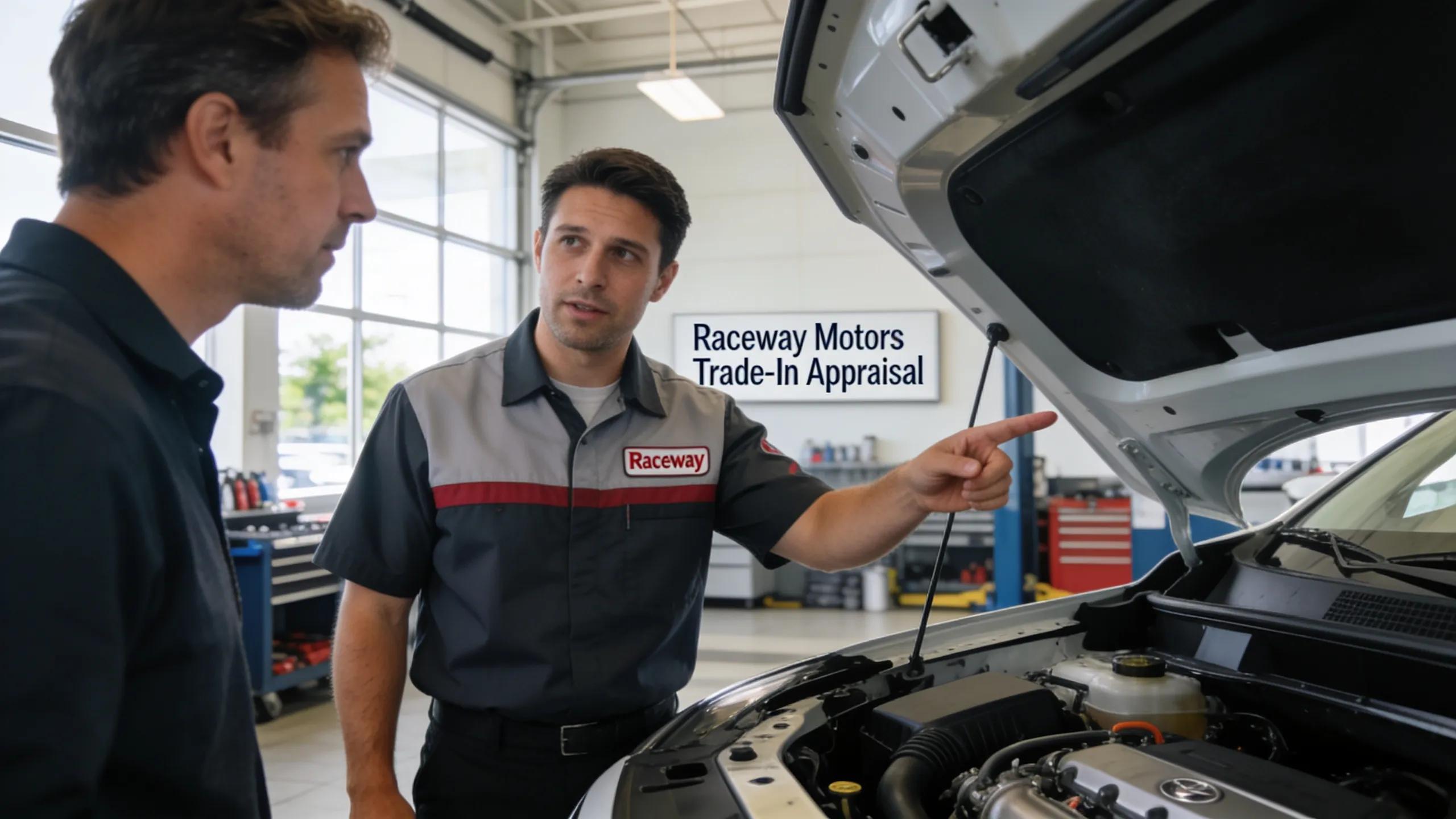 Staff member providing a transparent appraisal of a used car at Raceway Motors, focusing on customer trust in trade-in values